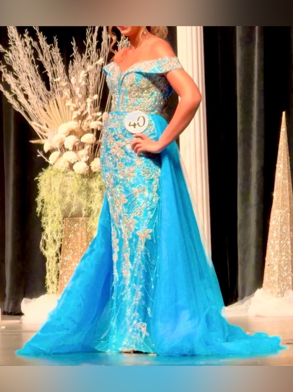 Portia and Scarlett Turquoise Off-Shoulder Beaded Prom/Pageant Gown
